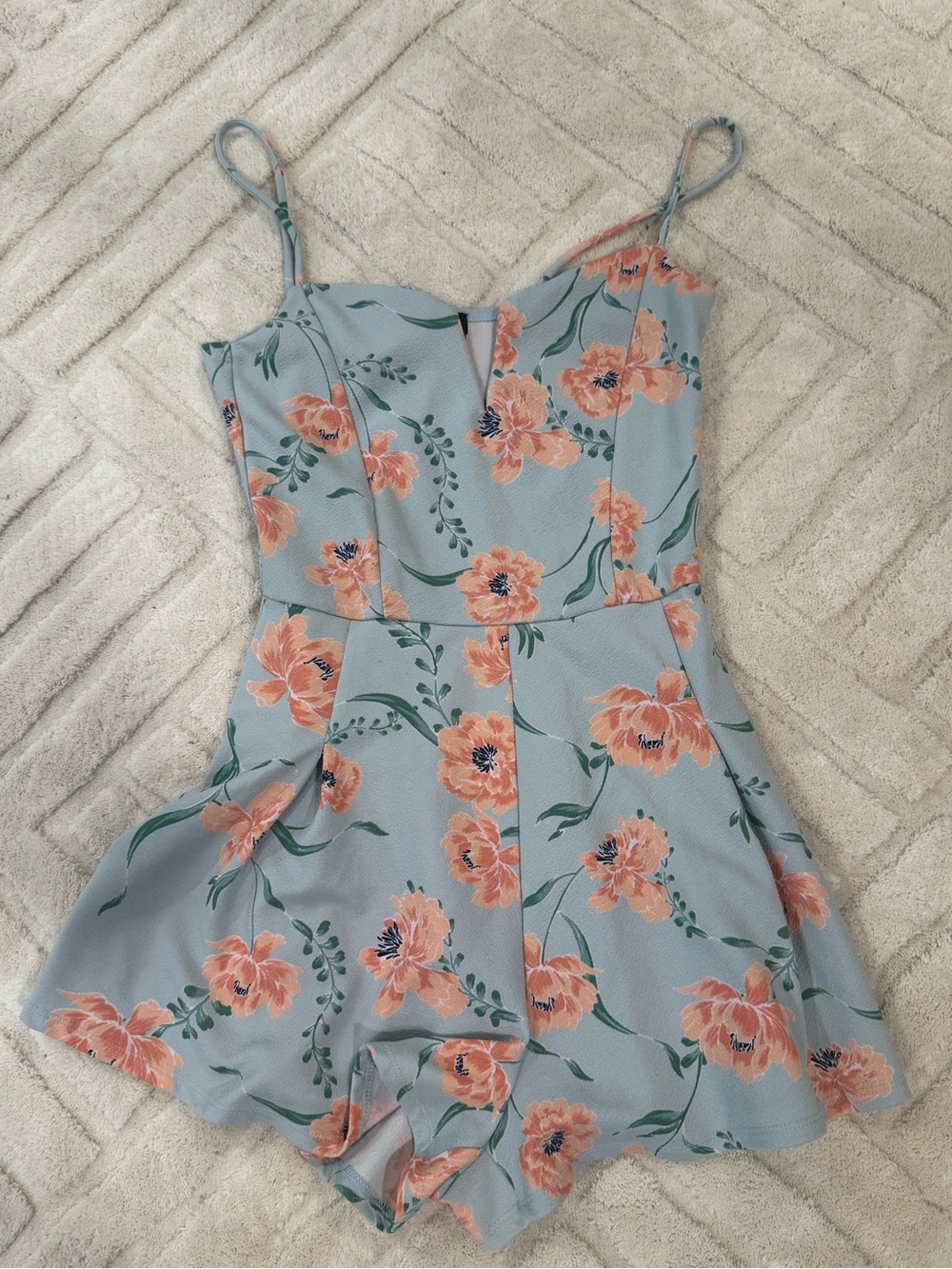 Derek Heart Light Blue Floral Spaghetti-Strap Romper